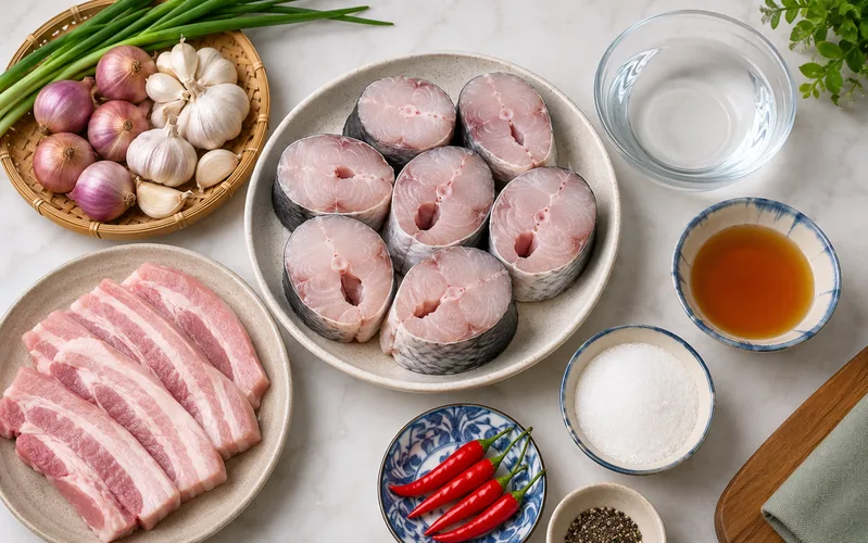 Nguyên liệu làm cá quả kho tộ gồm cá tươi, thịt ba chỉ, hành tỏi, tiêu, ớt, nước mắm và nước dừa