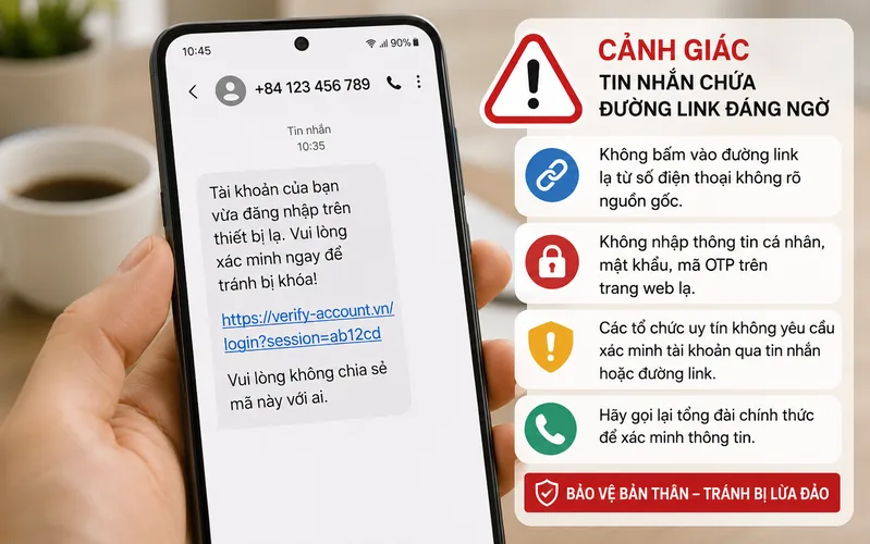 Sau cuộc gọi từ số lạ, người dùng không nên bấm vào đường link được gửi qua SMS, Zalo hoặc ứng dụng nhắn tin nếu chưa xác minh.
